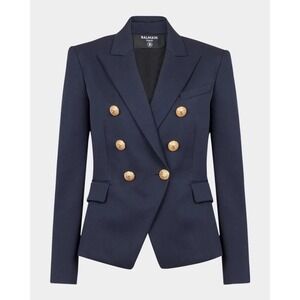 Balmain Paris‎ Navy Blue Double Breasted Blazer Virgin Wool Gold Buttons Size 36